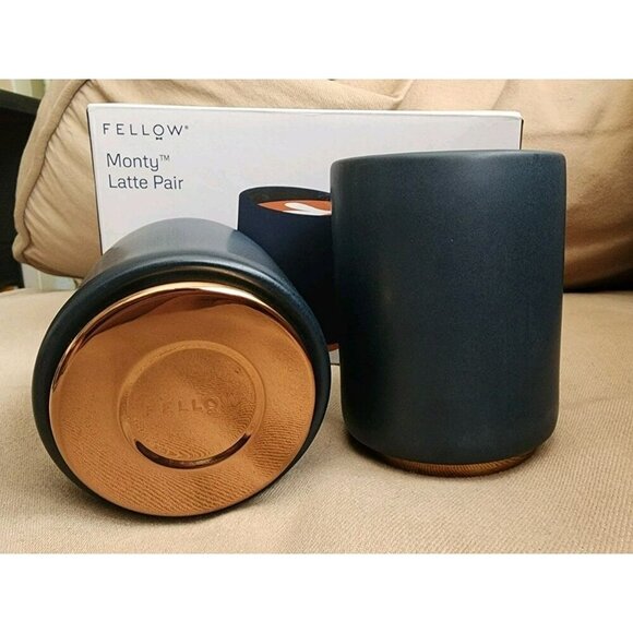 SET/2 Fellow Monty Double Wall Latte Mug Matte Stone Blue/Copper 11oz BRAND NEW - Picture 1 of 7